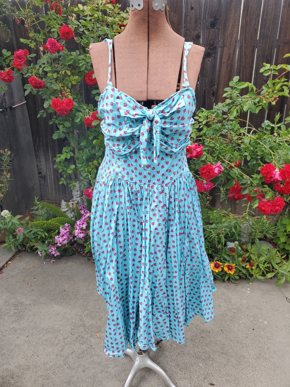 Unique Vintage Aqua Blue Strawberry Print Midi Dress